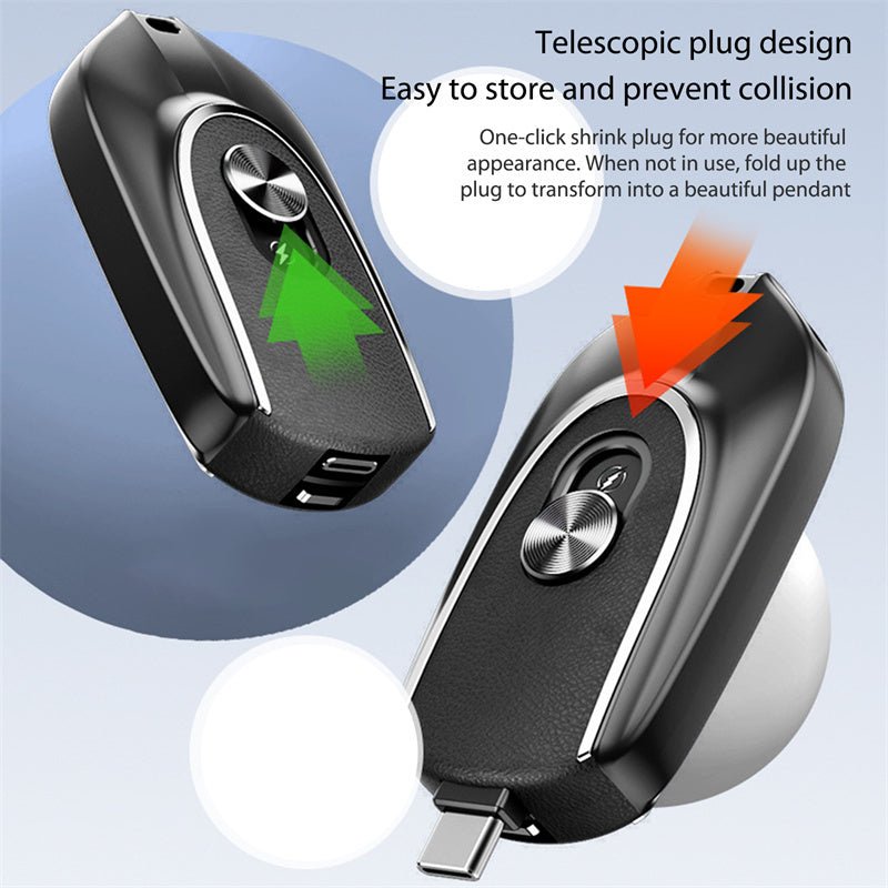 2-in-1 Mini Keychain Power Bank 1200mAh Retractable Plug Waterproof